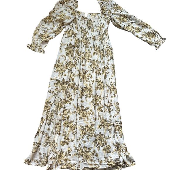 Free People Jaymes Cream Floral Printed Smocked V Neck Long Sleeve Midi Dress- M - Picture 2 of 12